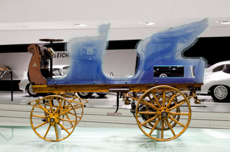 The unrestored P1 Electric car model on display in the Porsche Museum